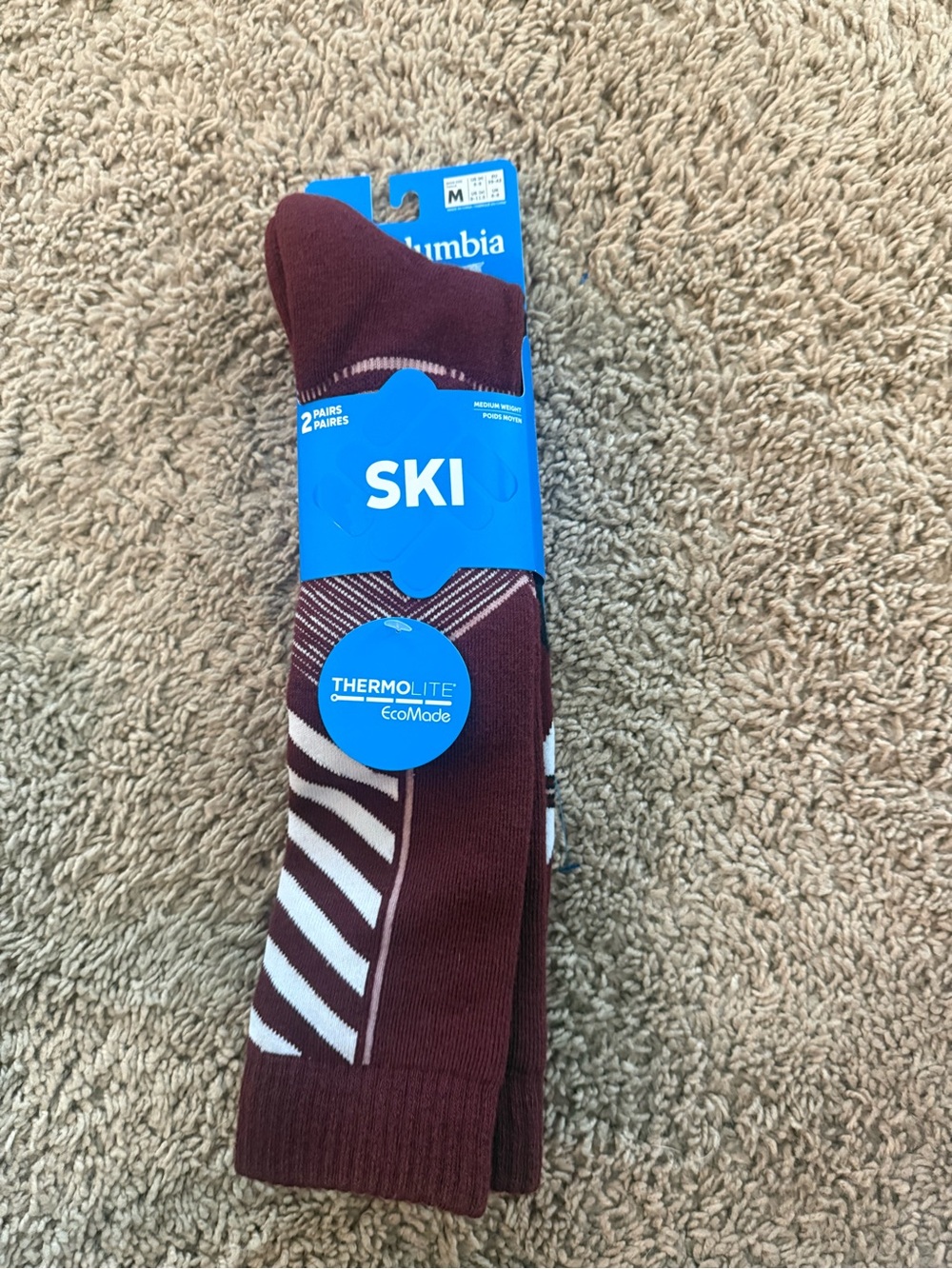 Columbia Maroon and White Ski Crew Socks